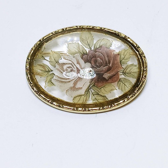 Vintage Clear Glass Rose Brooch 1.5" Gold Rim Flower (jb3) - Picture 2 of 5